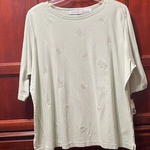 Victoria Jones woman vintage plus size 3X butterfly sage 3/4 sleeve cotton Top
